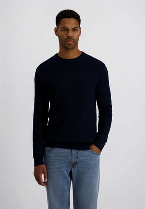 Mann trägt einen dunkelblauen Pullover und hellblaue Jeans, steht mit einer Hand in der Tasche vor einem einfarbigen grauen Hintergrund.