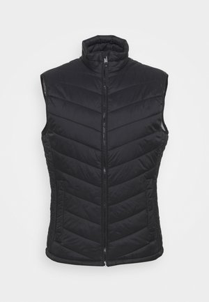 Veste sans manches matelassée noire avec col montant et fermeture éclair frontale, conçue pour la chaleur et une utilisation extérieure légère.