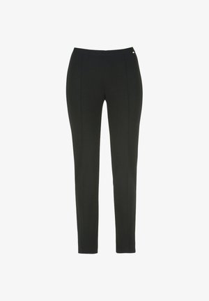 Pantalons noirs au design ajusté, fabriqués dans un tissu lisse. Présentent des détails de couture à l'avant et un accent de logo discret près de la taille.