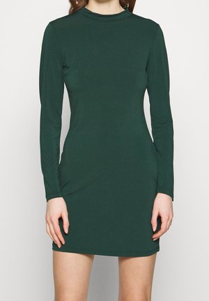 Groene lange mouw jurk van een soepele stof, met een getailleerd ontwerp en hoge hals. Eenvoudig en strak zonder patronen of versieringen.