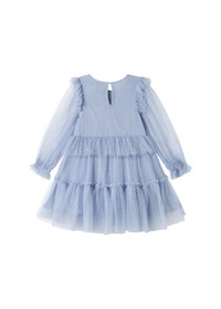 Robe bleue avec de longues manches transparentes, accents froncés, jupe en tulle à volants, motif à pois et détail en trou de serrure dans le dos. Tissu léger.