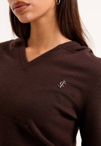 Felpa a maglia marrone con scollo a V e logo argento sul petto. Tessuto morbido, design casual e senza motivi visibili.