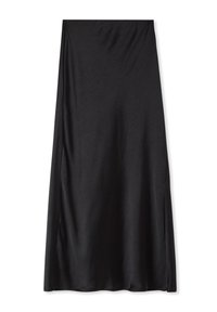 Gonna nera fino al ginocchio realizzata in tessuto liscio e leggero. Presenta un design semplice con una spacco laterale per facilità di movimento.