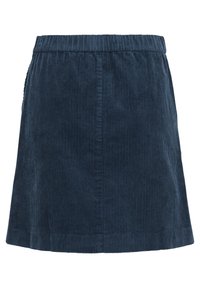 Jupe trapèze en velours côtelé bleu foncé avec taille élastique, texture côtelée verticale visible, sans ornements supplémentaires.