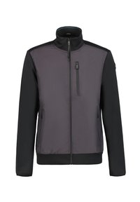Herrenjacke mit schwarzem Körper und dunkelgrauer Vorderseite, ausgestattet mit einem hohen Kragen, Reißverschlusstaschen und gerippten Bündchen. Glatte Textur.