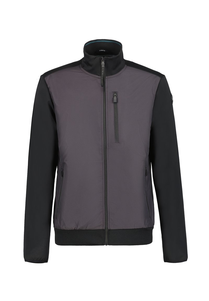 Herrenjacke mit schwarzem Körper und dunkelgrauer Vorderseite, ausgestattet mit einem hohen Kragen, Reißverschlusstaschen und gerippten Bündchen. Glatte Textur.