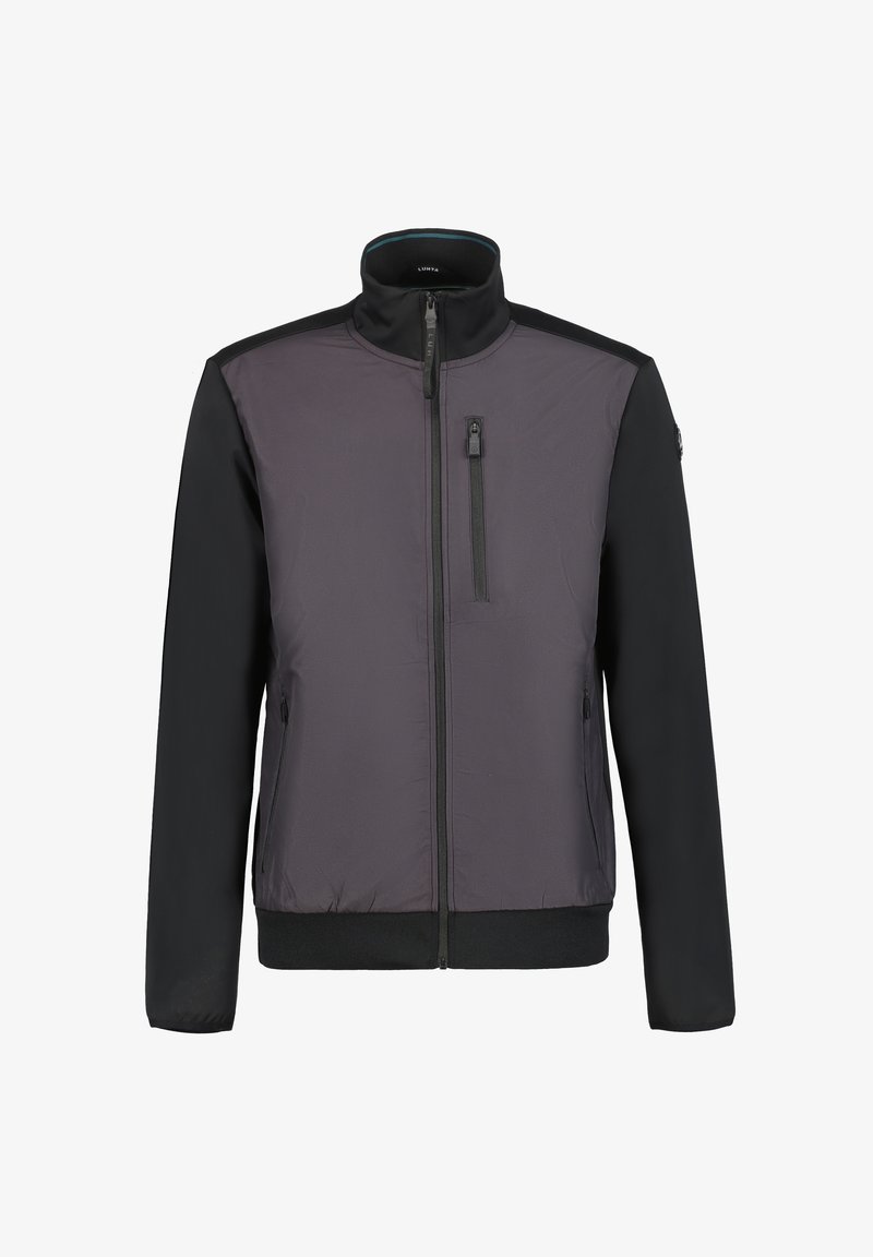 Herrenjacke mit schwarzem Körper und dunkelgrauer Vorderseite, ausgestattet mit einem hohen Kragen, Reißverschlusstaschen und gerippten Bündchen. Glatte Textur.
