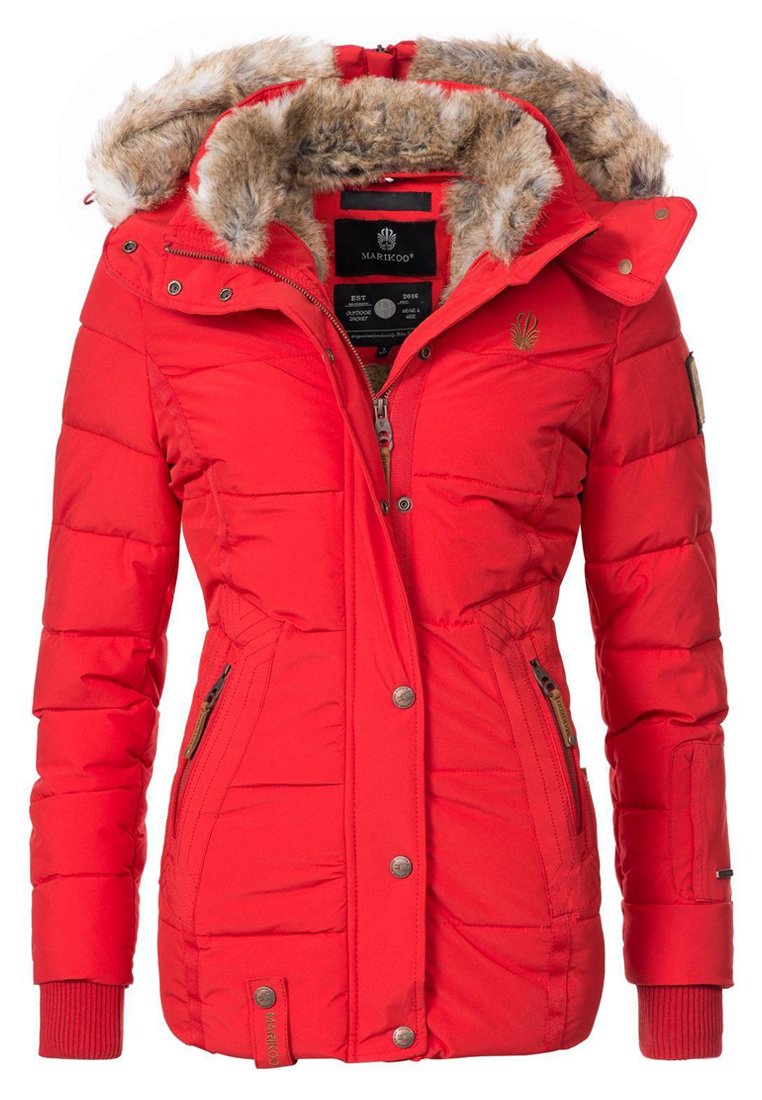 Red puffer jacket with faux fur-lined hood, zip and snap closures, zippered side pockets, ribbed cuffs, and embroidered logo detail.