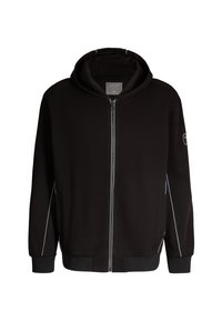 Zwarte rits-hoodie met een capuchon, voorzien van contrasterende witte zijstrepen, geribde manchetten en een logo-opdruk op de linkermouw. Zachte stoftextuur.