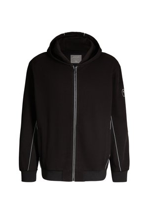 Zwarte rits-hoodie met een capuchon, voorzien van contrasterende witte zijstrepen, geribde manchetten en een logo-opdruk op de linkermouw. Zachte stoftextuur.