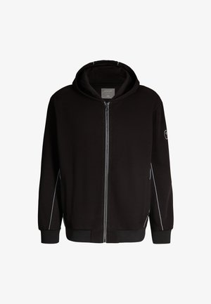 Zwarte rits-hoodie met een capuchon, voorzien van contrasterende witte zijstrepen, geribde manchetten en een logo-opdruk op de linkermouw. Zachte stoftextuur.