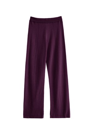 Lila weit geschnittene Hosen aus einem glatten Material, mit vorderen Nähten, einem elastischen Bund und einem lockeren Schnitt.