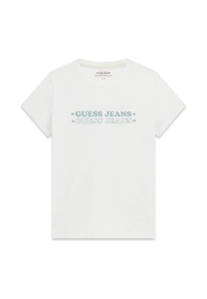 T-shirt blanc à manches courtes avec col rond, arborant le texte "GUESS JEANS" en deux styles ainsi que des icônes d'étoiles sur la poitrine.