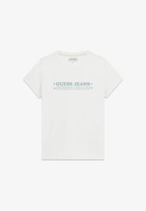 T-shirt blanc à manches courtes avec col rond, arborant le texte "GUESS JEANS" en deux styles ainsi que des icônes d'étoiles sur la poitrine.