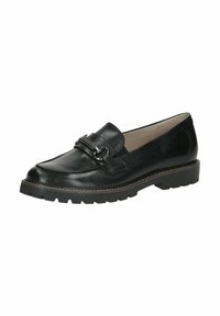 Pantofii din piele neagră cu o ușoară strălucire, având un accent decorativ sub formă de lanț și o talpă din cauciuc texturat pentru aderență. Design clasic și toc mic.
