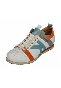 White leather sneaker with blue, orange, and gray accents. Features a rounded toe, lace-up front, and textured stitching details.