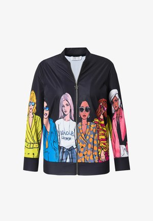 Schwarze Zip-Jacke mit bunten, cartoonhaften Darstellungen von Frauen in verschiedenen modischen Outfits. Das Material wirkt glatt und leicht.