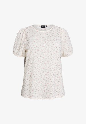 Hvid bluse med pink blomsterprint, korte pufærmer, rund halsudskæring og struktureret stof. Let, afslappet design.