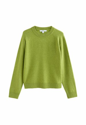 Grüner Wollpullover mit Rundhalsausschnitt, langen Raglanärmeln und geripptem Saum. Weiche Textur und leicht lockere Passform.