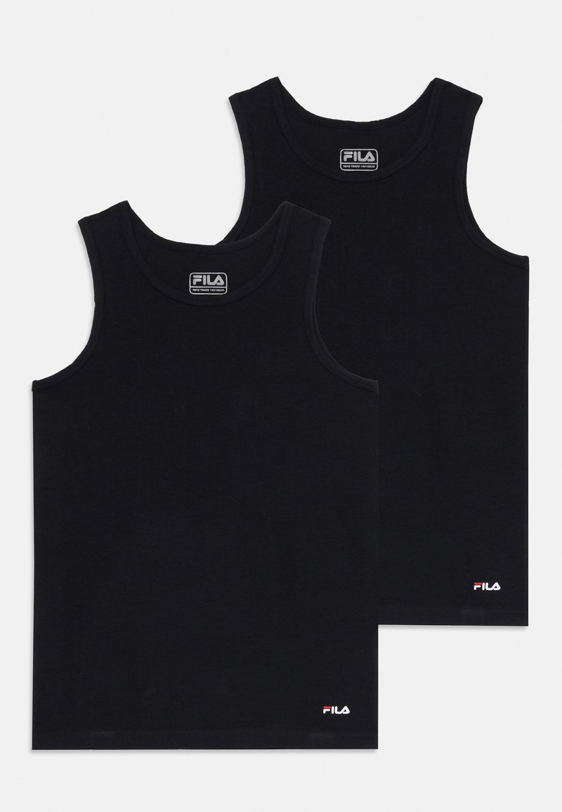 Camicie canotte in cotone nero con scollatura rotonda, con accenti del logo Fila in rosso e bianco sull’orlo. Espositore in confezione da due.