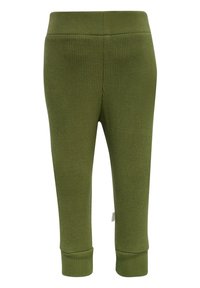 Olivgrön ribbad stickad leggings med ett elastiskt midjeband, avsmalnande muddar och en mjuk textur för komfort.