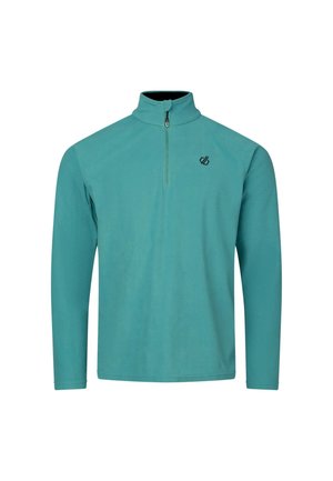 Pile teal a manica lunga con mezza zip frontale e piccolo logo nero sul petto sinistro su sfondo bianco.