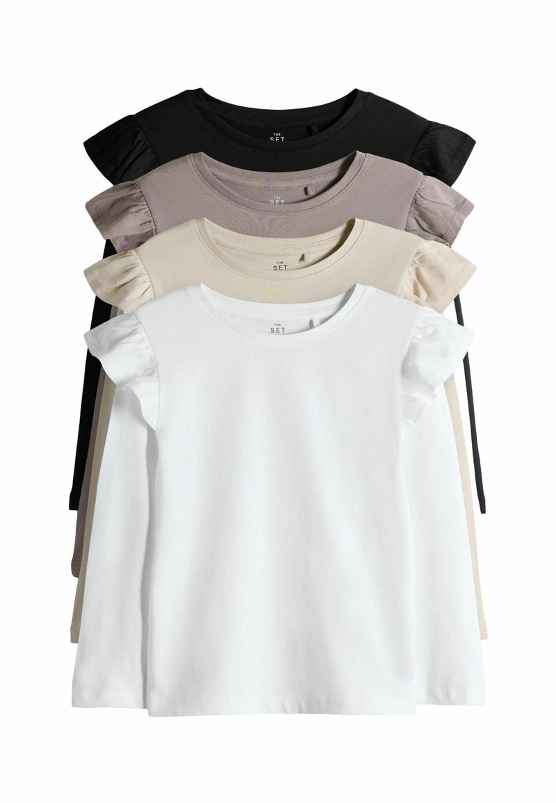 Set med fem kortärmade t-shirts i svart, beige, ljusbeige, vit och grå, med volangdetaljer vid axlarna och rundad halsringning.