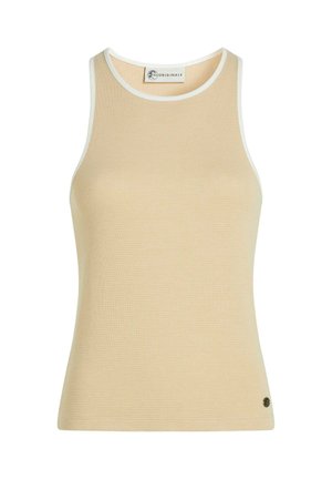 Beežist soonikkoes tanktop valge äärega. Sellel on kehasse vormiv siluett ja väike logo detail äärel. Tekstuuriga kangas parandab haaret.