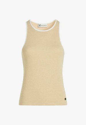Beige ribbet tanktop med hvide kanter. Den har en tætsiddende silhuet og et lille logodetalje på kanten. Tekstureret stof forbedrer grebet.