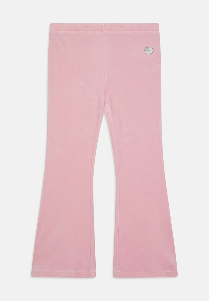 Pink flared pants made of soft velvet material. Features a small silver heart accent on the hip. Smooth texture with a slight sheen.
