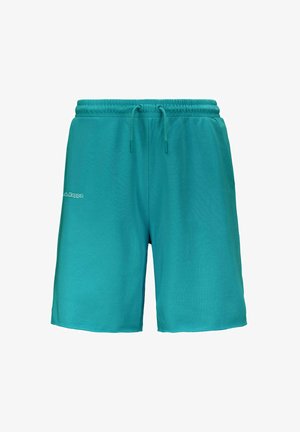 Pantaloni corti turchesi realizzati in morbido tessuto, con una vita elasticizzata dotata di cordoncino e un piccolo logo bianco sul lato sinistro.