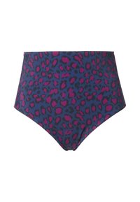 Parte inferiore di bikini a vita alta in tessuto blu scuro con stampa leopardata rosa e nera. Texture liscia, con bordi cuciti. Nessun hardware visibile.