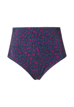 High-waisted bikini onderstuk in donkerblauwe stof met roze en zwarte luipaardprint. Gladde textuur, met gestikte randen. Geen zichtbare hardware.
