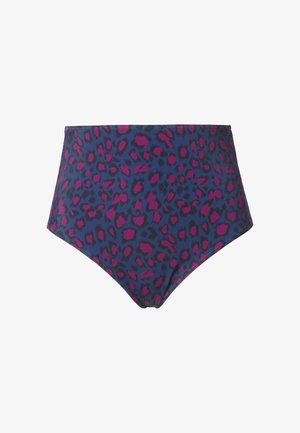 Bas de bikini taille haute en tissu bleu foncé avec un imprimé léopard rose et noir. Texture lisse, avec des bords cousus. Pas de matériel visible.