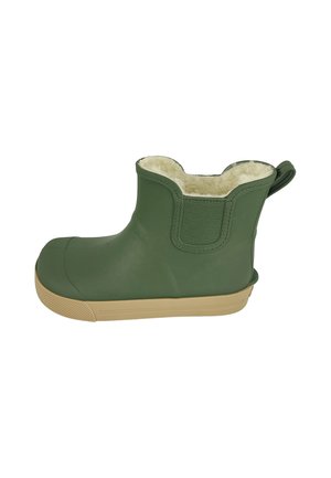 Grüner wasserdichter Knöchelstiefel mit beiger profilierter Sohle, elastischem Seitenpanel, Zuglasche und cremefarbener Fleecefutter.