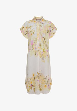 Lyse beige blomsterkjole med korte ærmer, knapper foran og krave, med gule, pink og grønne botaniske mønstre.