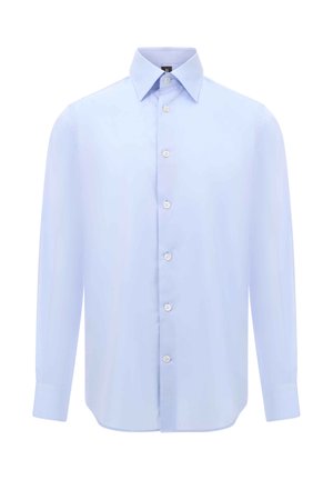 Camicia a maniche lunghe azzurro chiaro con colletto classico e chiusura con bottoni. Presenta bottoni bianchi e maniche con polsini. Tessuto liscio.