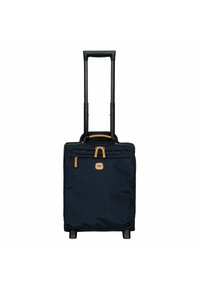 Valigia a ruote navy con doppio manico telescopico nero, dettagli beige, tasca frontale con zip e tessuto morbido.