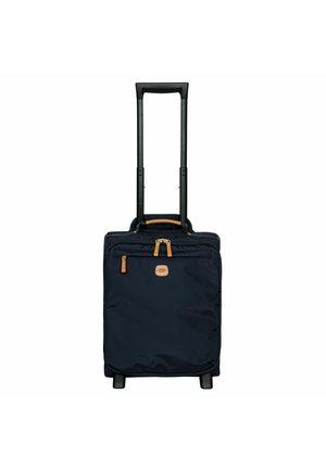 Valigia a ruote navy con doppio manico telescopico nero, dettagli beige, tasca frontale con zip e tessuto morbido.