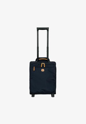 Valigia a ruote navy con doppio manico telescopico nero, dettagli beige, tasca frontale con zip e tessuto morbido.