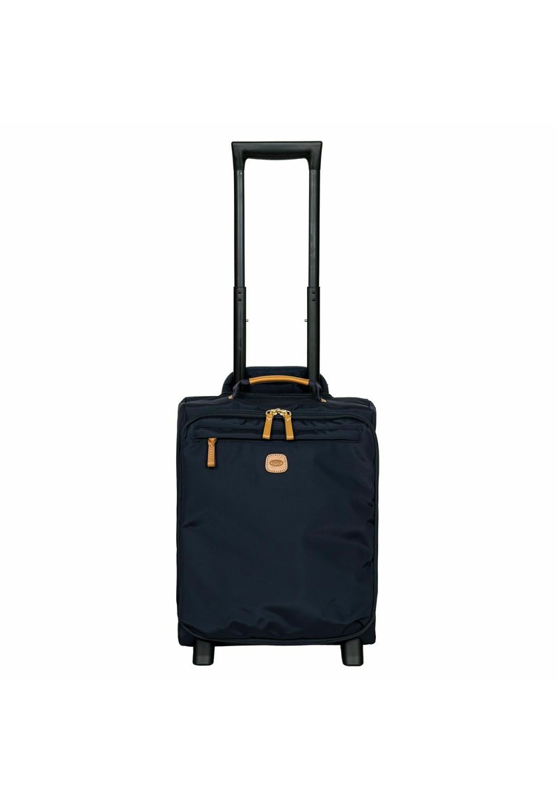 Valigia a ruote navy con doppio manico telescopico nero, dettagli beige, tasca frontale con zip e tessuto morbido.
