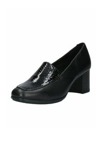 Scarpa di pelle nera con un dorso testurizzato e lucido, un tacco quadrato robusto, punta tonda e finitura liscia.