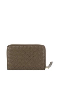 Woven leather wallet in dark brown with a zip closure, featuring a textured pattern and a gold-tone zipper pull on the side.