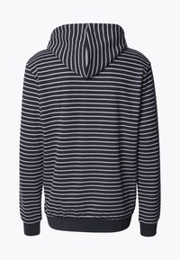 Sweatshirt met capuchon met marineblauwe en witte horizontale strepen, gemaakt van katoen, met geribbelde manchetten en zoom, en een afgeronde capuchonontwerp.