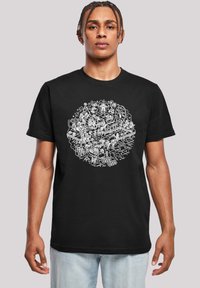 Black cotton t-shirt featuring a detailed white graphic design of various objects and characters in a circular arrangement. Short sleeves and round neck.