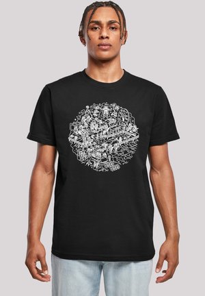 Black cotton t-shirt featuring a detailed white graphic design of various objects and characters in a circular arrangement. Short sleeves and round neck.