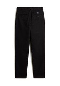 Schwarze Chinos mit geradem Schnitt, aus einem glatten Stoff gefertigt. Verfügt über zwei Gesäßtaschen mit Knöpfen und einem kleinen Logo-Etikett.