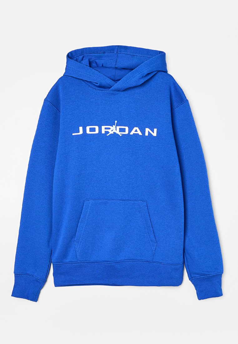 Sudadera azul de mezcla de algodón, con un bolsillo tipo canguro en la parte frontal, puños acanalados y el logo "JORDAN" en blanco en el pecho.