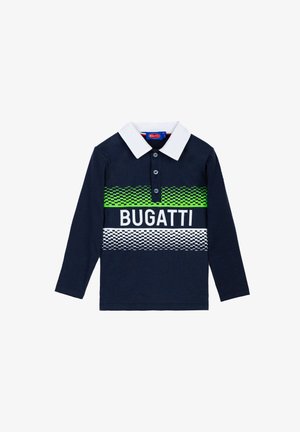 Polo a maniche lunghe blu navy con colletto bianco, dotato di un motivo geometrico verde e bianco, logo "BUGATTI" e chiusura con bottoni.