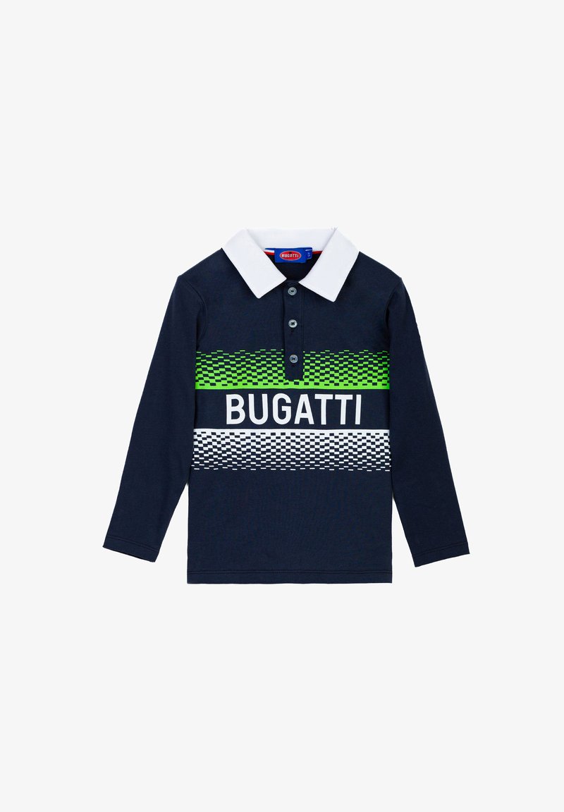 Polo a maniche lunghe blu navy con colletto bianco, dotato di un motivo geometrico verde e bianco, logo "BUGATTI" e chiusura con bottoni.
